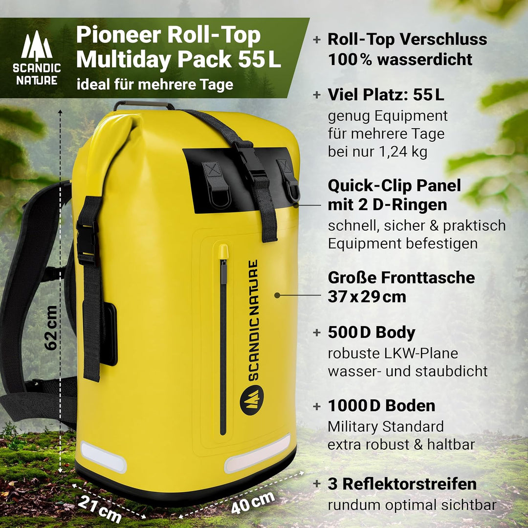 PIONEER wasserdichter Rucksack mit Rolltop Verschluss 35L 55L schwarz gelb oliv-grün - extra robust