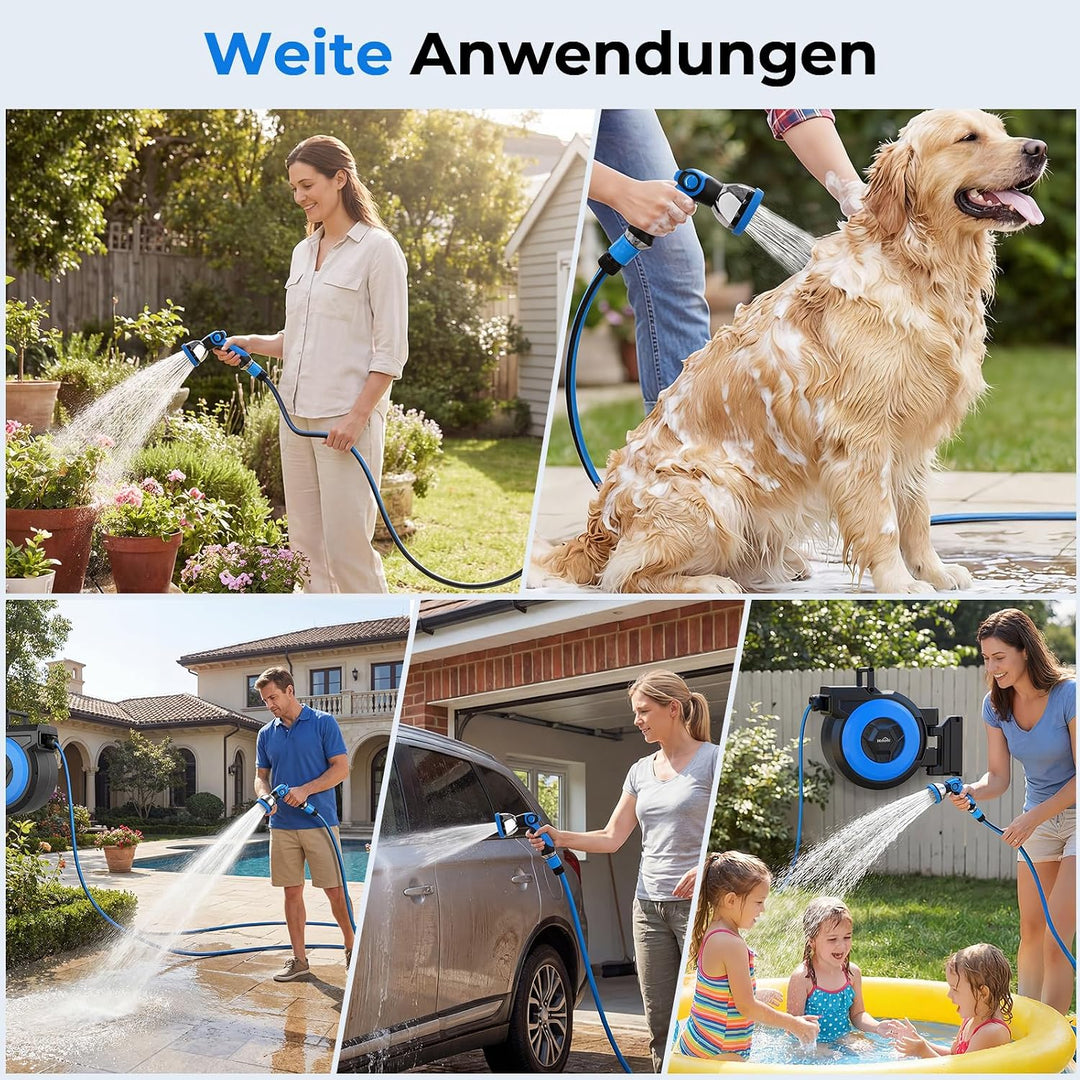 Himimi Schlauchtrommel 30m + 2m Wand-Schlauchbox, 180° Schwenkbar Gartenschlauch Aufroller, Wasser S