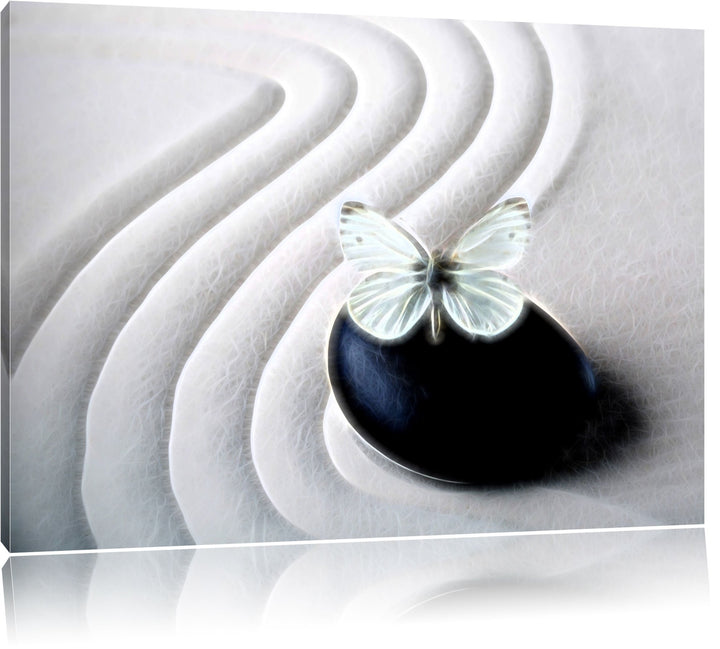 Schmetterling auf Zen Stein im Sand Deluxe Format: 100x70 cm auf Leinwand, XXL riesige Bilder fertig