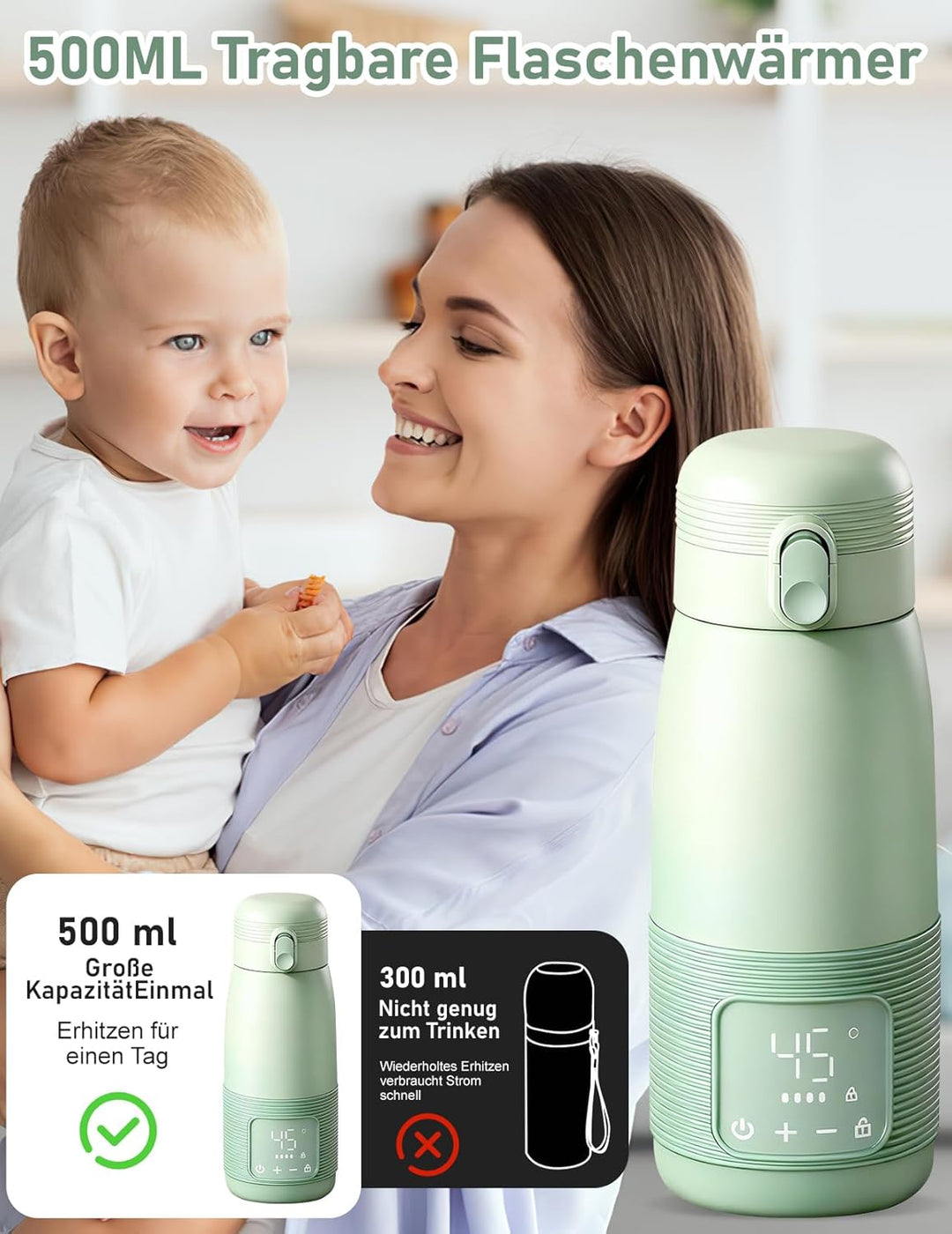 Tragbarer Flaschenwärmer, 500ml Flaschenwärmer Baby Unterwegs Präzise Temperaturkontrolle 37 Bis 55