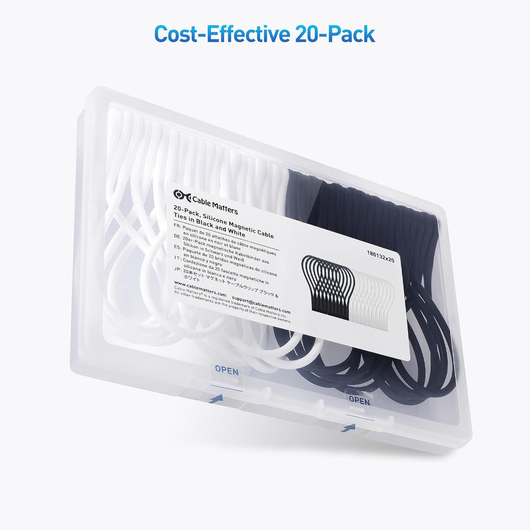 Cable Matters - 20 Packungen Silikon-Magnetverschlüsse (magnetische Kordelbinder) in Schwarz und Wei