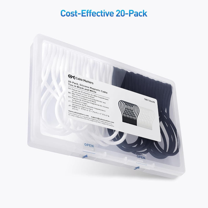Cable Matters - 20 Packungen Silikon-Magnetverschlüsse (magnetische Kordelbinder) in Schwarz und Wei