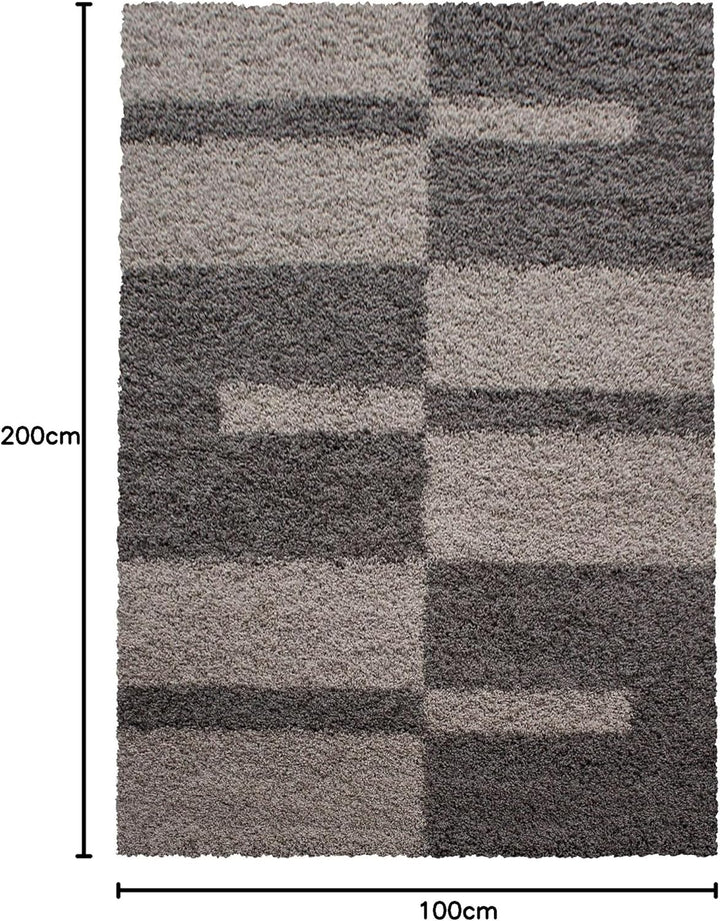 Carpetsale24 Hochflor Teppich 100 x 200 cm Taupe-Beige – Weicher Shaggy Flokati im Karierten Design