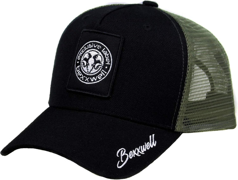 Bexxwell Trucker Cap schwarz/olivgrün mit Logo-Patch (optimale Passform, Kappe, Black, Truckercap, L
