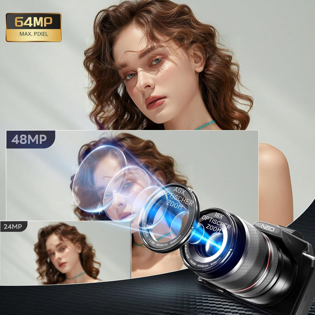 NBD 8K Digitalkamera 64MP mit 16X Optischem Zoom & Hot Shoe, 3" 180° Drehdisplay, Wi-Fi, v. 64GB TF-