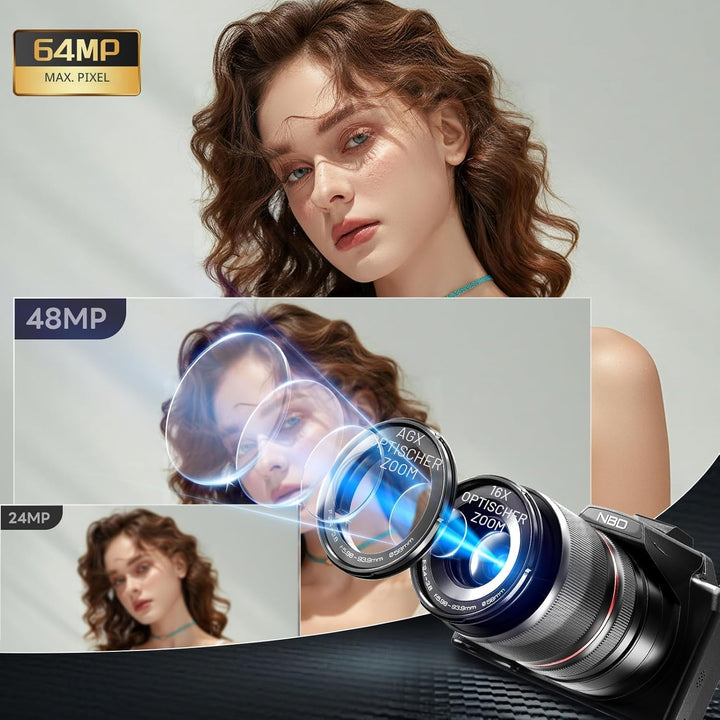 NBD 8K Digitalkamera 64MP mit 16X Optischem Zoom & Hot Shoe, 3" 180° Drehdisplay, Wi-Fi, v. 64GB TF-