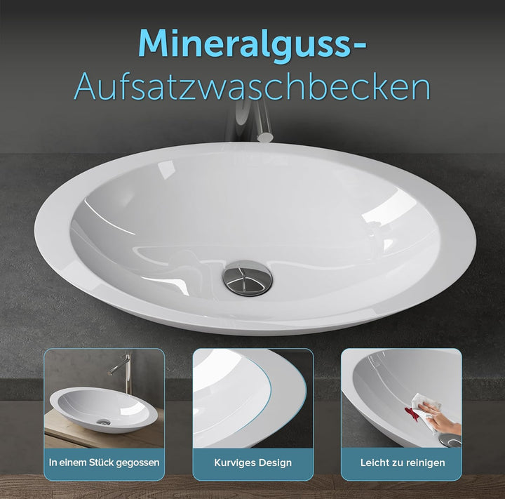 BTH: 59x35x11 cm Design Aufsatzwaschbecken Colossum802, aus Gussmarmor, Waschtisch, Waschplatz, Wasc