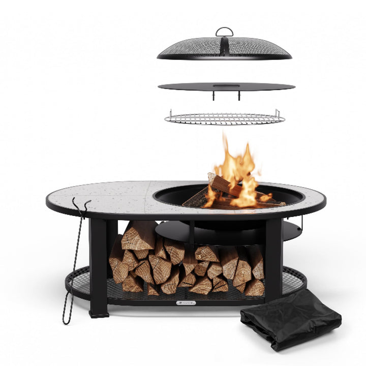 Blumfeldt Merano Circolo L Feuerschale - 3-in-1 Feuerschale mit Grillrost & Tisch, robuster Stahlrah