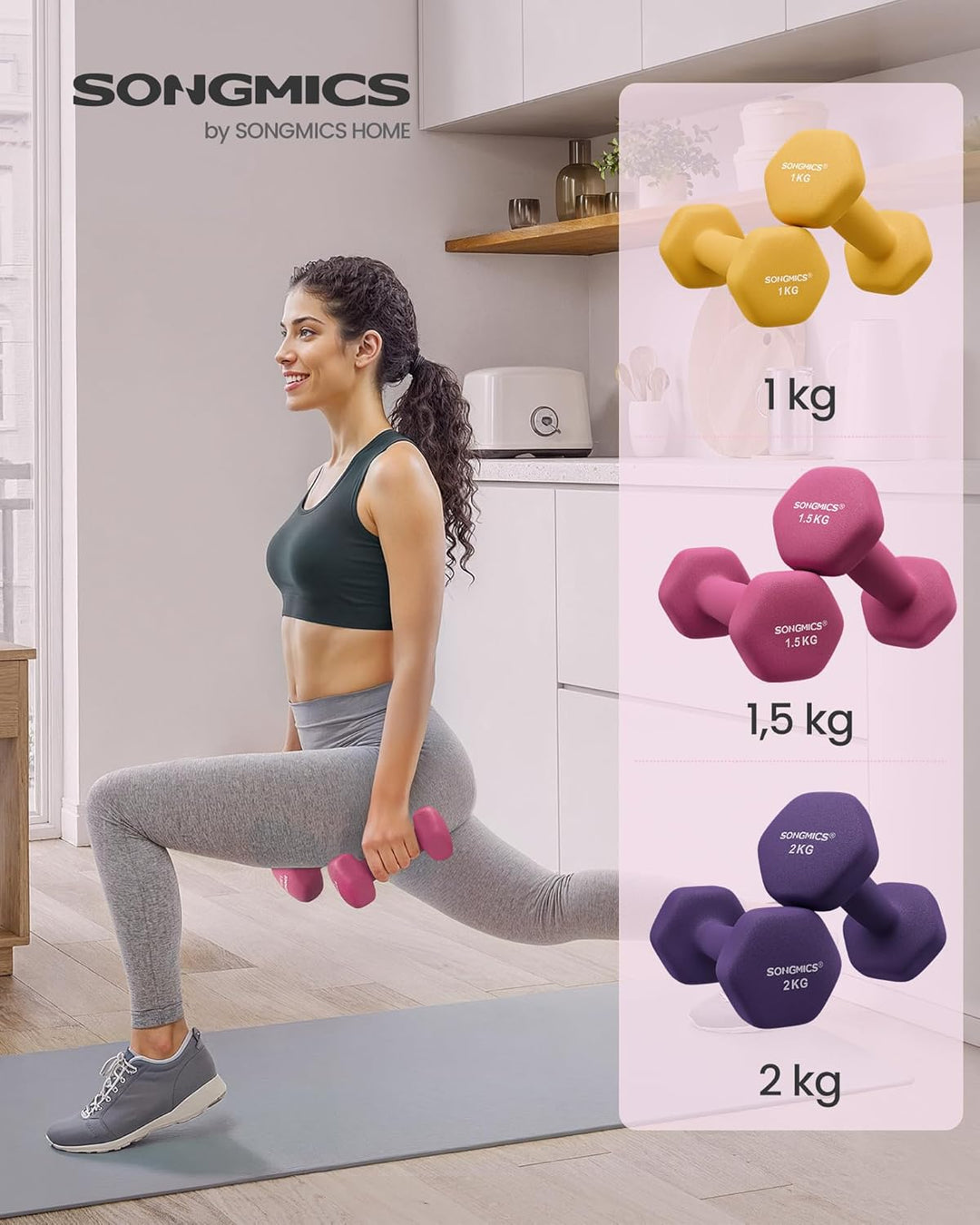 SONGMICS Kurzhantel Set, Hexagon, mit Hantelständer, 2 x 1 kg, 2 x 1,5 kg, 2 x 2 kg, mattes Finish,