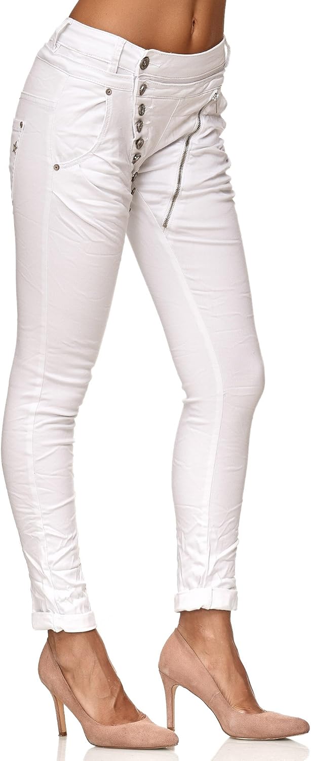 Elara Damen Jeans Boyfriend Knopfleiste Chunkyrayan 34 Slim Weiss London, 34 Slim Weiss London