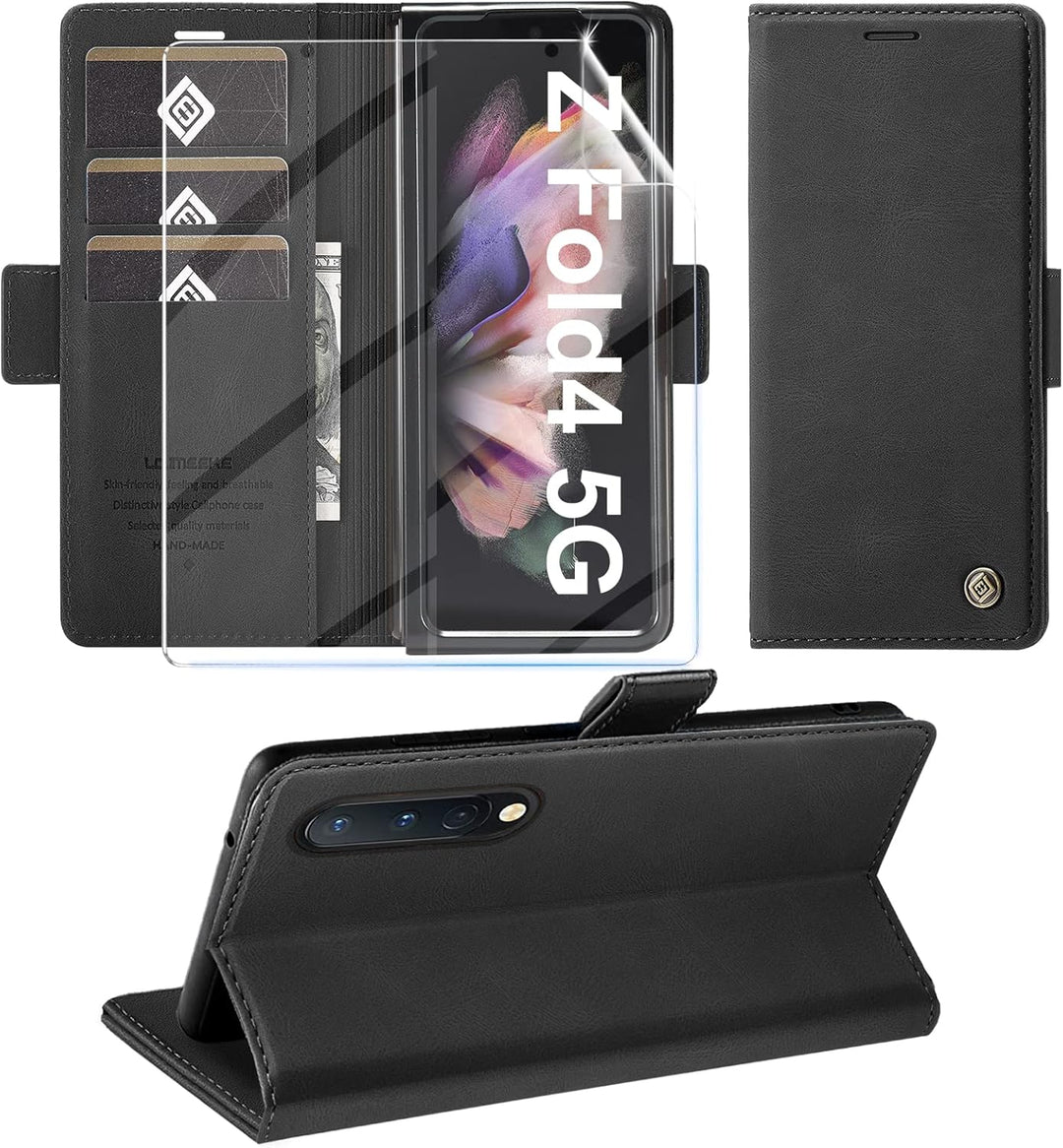 Handyhülle für Samsung Galaxy Z Fold 4 Hülle mit Schutzfolie, Standfunktion Kartenfach Wallet Premiu