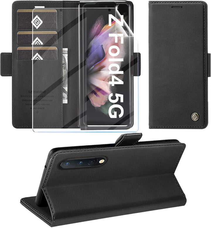 Handyhülle für Samsung Galaxy Z Fold 4 Hülle mit Schutzfolie, Standfunktion Kartenfach Wallet Premiu