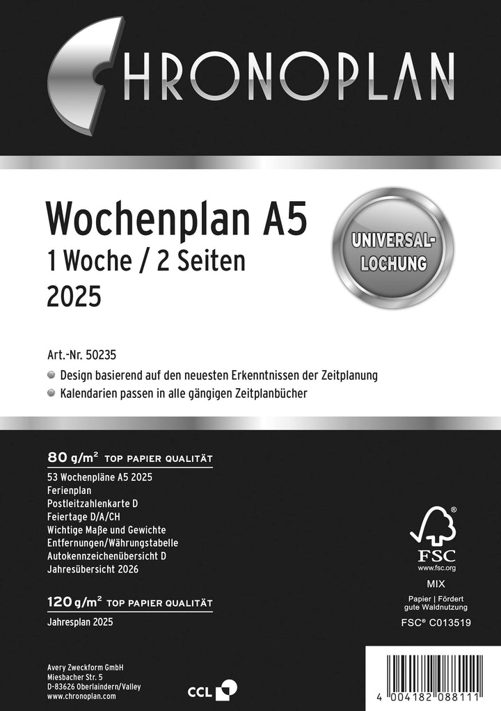 Chronoplan 50235 Kalendereinlage 2025 (Wochenplan A5 (148x210mm) Ersatzkalendarium für Terminplaner,