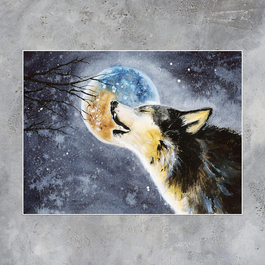 wandmotiv24 Poster als Wanddeko, Grösse 80x60cm, Heulender Wolf, Gemälde, Mond, Mitternacht, Tier, M