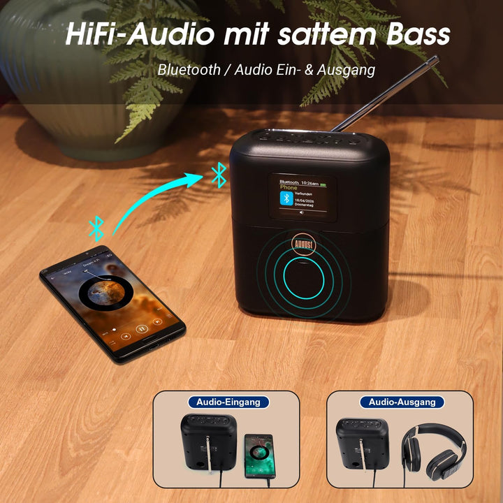 Wiederaufladbares DAB+/FM Radio mit Bluetooth Lautsprecher -August MB330- tragbarer Radiowecker mit