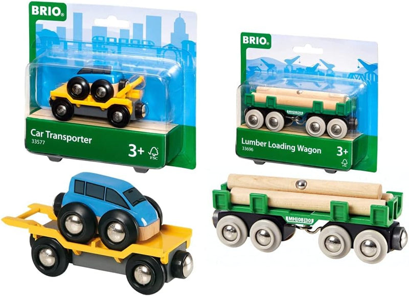 BRIO 33577 - Autotransporter mit Rampe & 63369600 Bahn 33696 - Langholzwagen Bundle mit Langholzwage