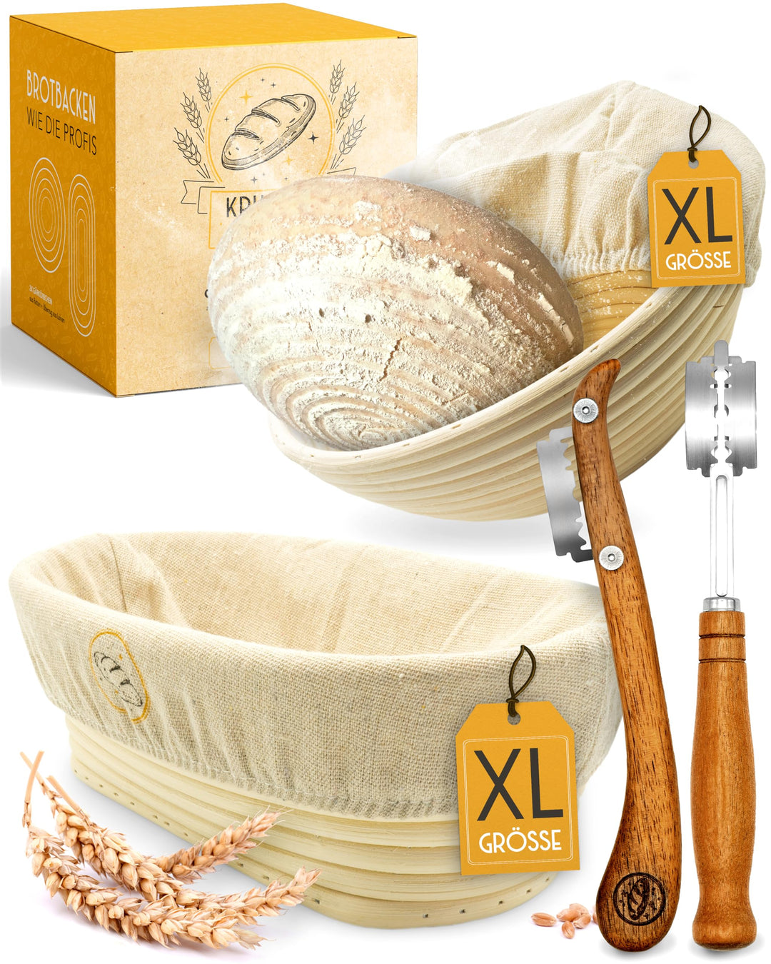 KRUSTENZAUBER Gärkörbchen zum Brotbacken + Bäckermesser - Set aus 2x Gärkorb und 2x Teigritzmesser -
