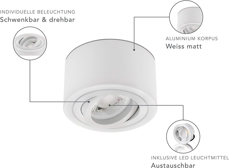 lambado® Premium LED Aufbauleuchte flach/Deckenstrahler Set inkl. 230V 5W Spots dimmbar - dezente Au