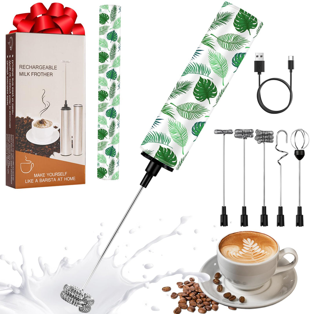 Milchschäumer Elektrisch USB-C mit 5 Wechselbaren Edelstahl-Schneebesen–2 Einstellbare Geschwindigke