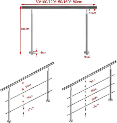NAIZY Edelstahl-Handlauf Geländer Treppengeländer mit 2 Pfosten für Balkon Treppen Innen und Aussen,
