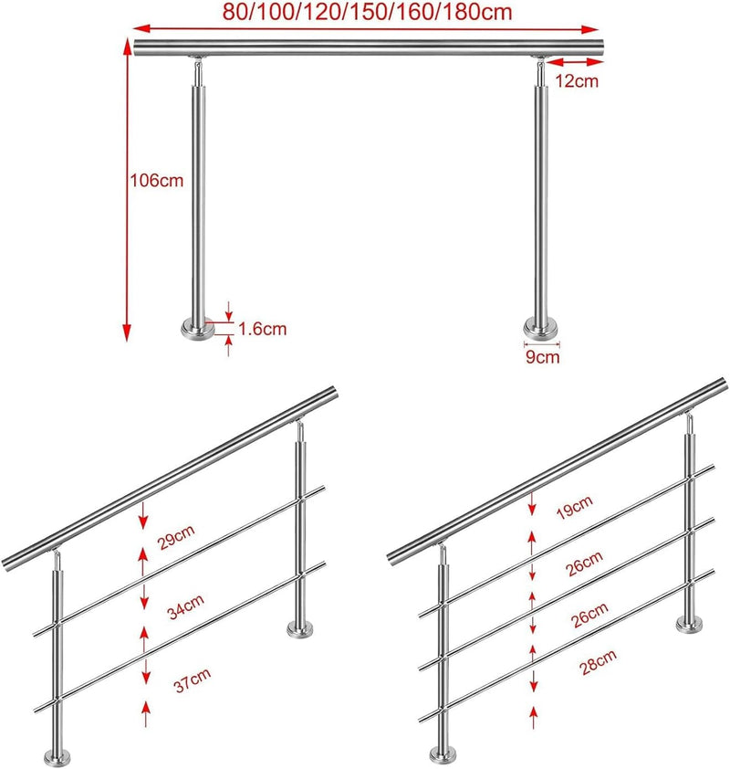 NAIZY Edelstahl-Handlauf Geländer Treppengeländer mit 2 Pfosten für Balkon Treppen Innen und Aussen,
