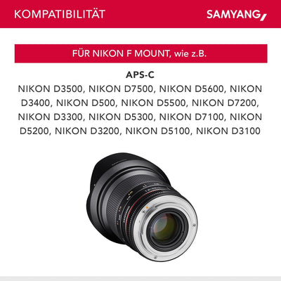 SAMYANG 882112 16/2,0 Objektiv DSLR Nikon F AE manueller Fokus automatischer Blendenring Fotoobjekti