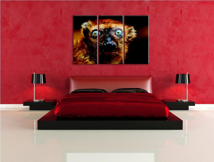 Dark seltener Blauaugenmaki NewArt 3-Teiler Leinwandbild 120x80 Bild auf Leinwand, XXL riesige Bilde