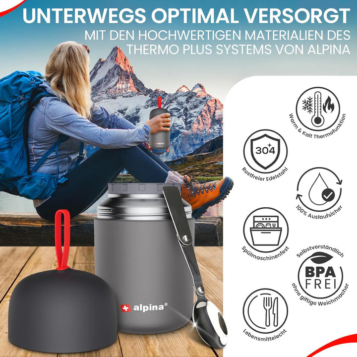 alpina Thermobehälter für Essen - SPÜLMASCHINENFESTER Thermo Becher 530ml mit Druckausgleich und fal
