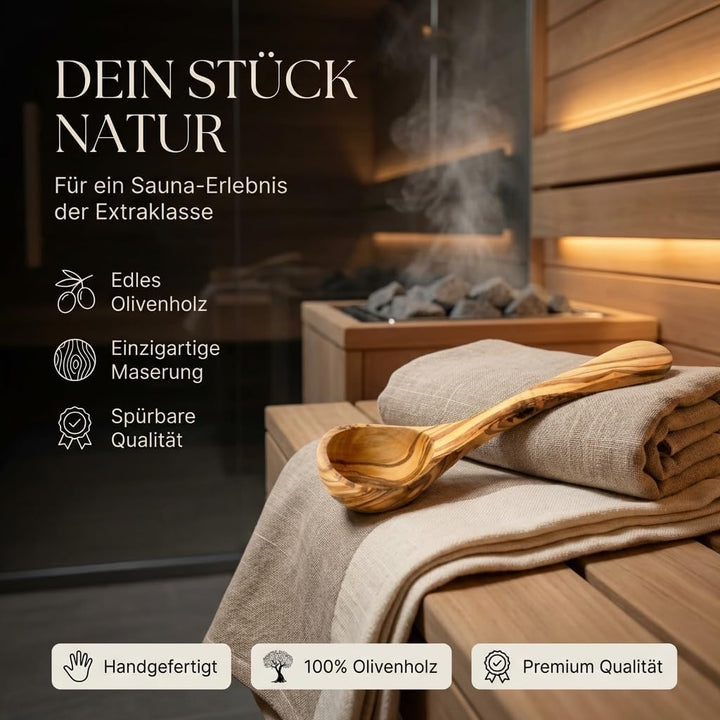 Saunakelle aus Olivenholz mit Gravur - Personalisierbare Aufgusskelle langlebig & hitzebeständig - S