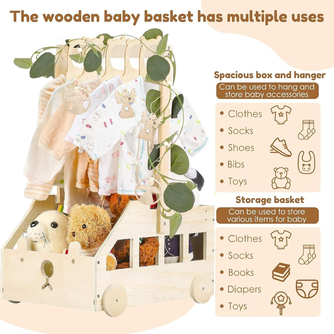 Babyparty Geschenk mit Holz Babykorb auf Rädern | Praktischer Baby Schrank mit Griff & 5 Regenbogen