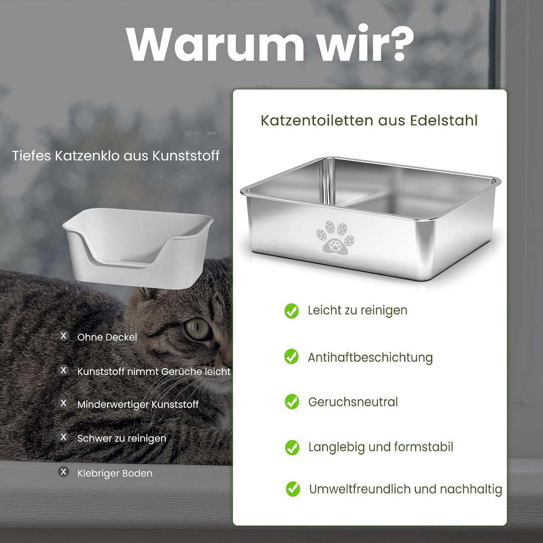 PTLOM Katzenklo Edelstahl Katzentoilette - Katzenklo Offen Gross Mit Niedrigem Einstieg für ältere K