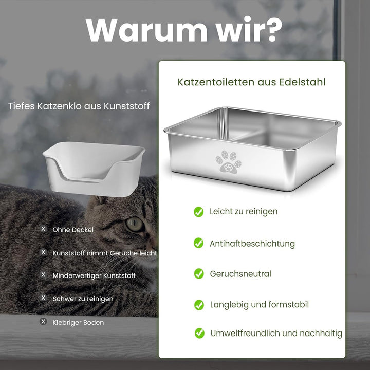 PTLOM Katzenklo Edelstahl Katzentoilette - Katzenklo Offen Gross Mit Niedrigem Einstieg für ältere K