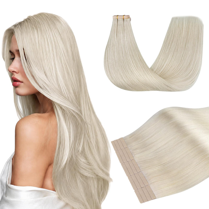 DOORES Echthaar Tape Extensions Remy Haar Tape, Platinblond 55cm (22zoll) 50g 20pcs, Blond Tape Exte