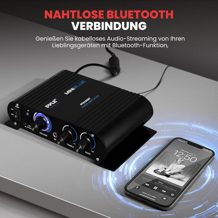 Pyle Mini Bluetooth Stereo Verstärker, 90W Audio Receiver mit 3 Eingänge, 2 Kanal, EQ Controls für d