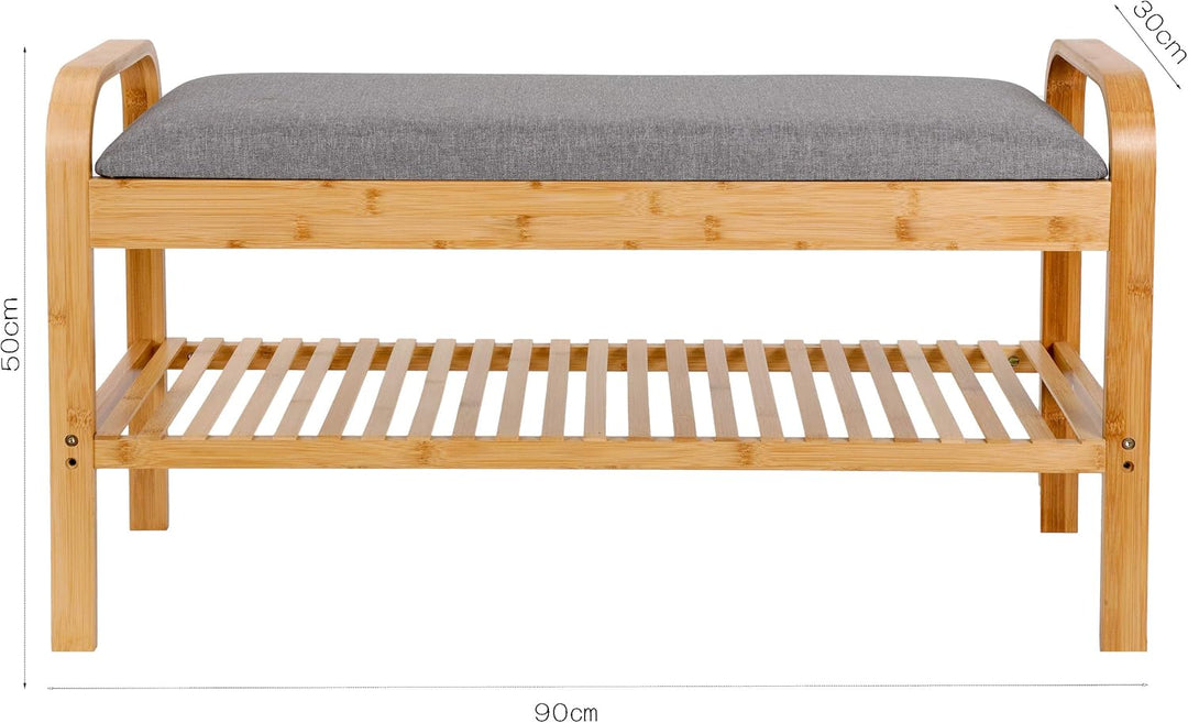 Lumaland Schuhregal aus Bambus mit Sitzbank + 1 Ebene - 90x50x30 cm Grau 2 Etagen (90 x 50 x 30 cm),