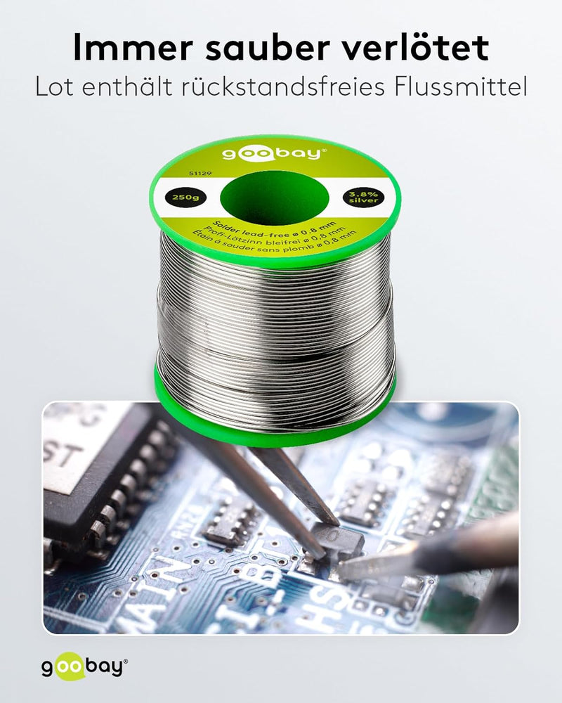 Goobay 51129 Lötzinn bleifrei ø 0,8mm Lötdraht mit Flussmittel, 3.8 % Silber & 0.7 % Kupfer, 217 °C