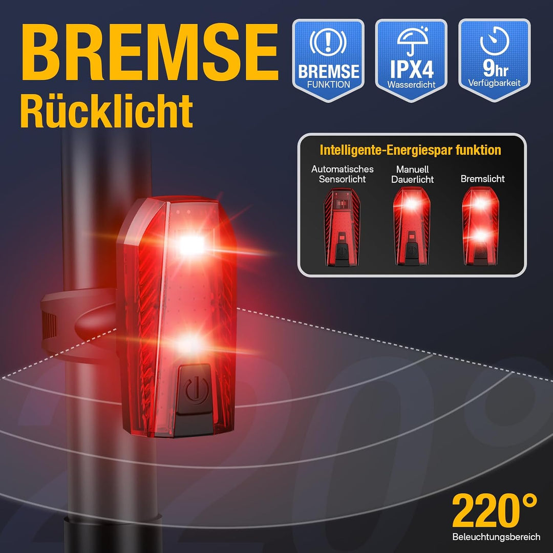 Fahrradlicht Set lichtsensor,Smart Rücklicht mit Bremslicht,Sensor Fahrradlicht StVZO Zugelassen,Int