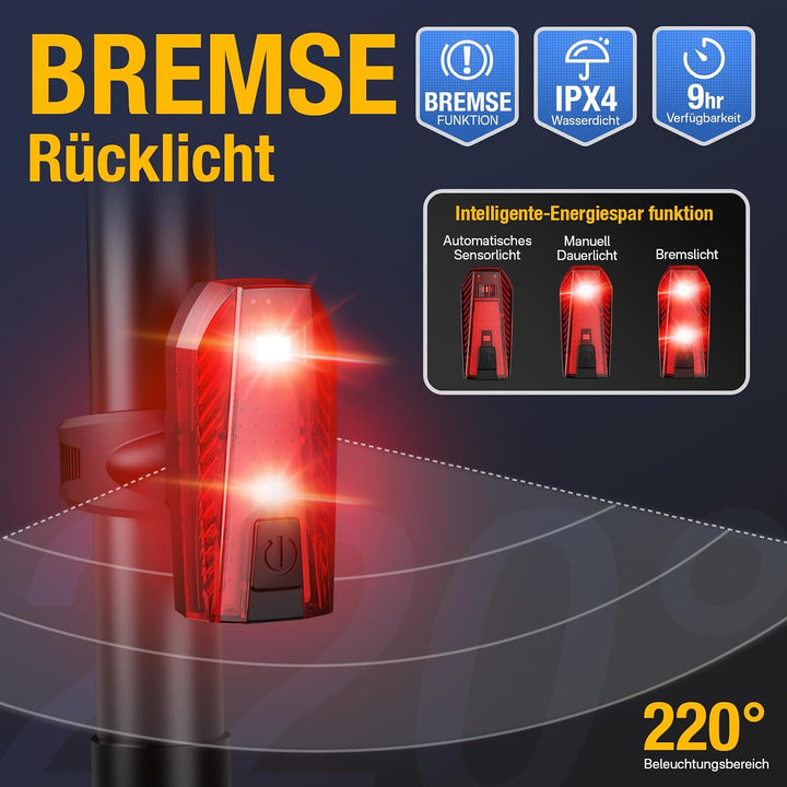 Fahrradlicht Set lichtsensor,Smart Rücklicht mit Bremslicht,Sensor Fahrradlicht StVZO Zugelassen,Int