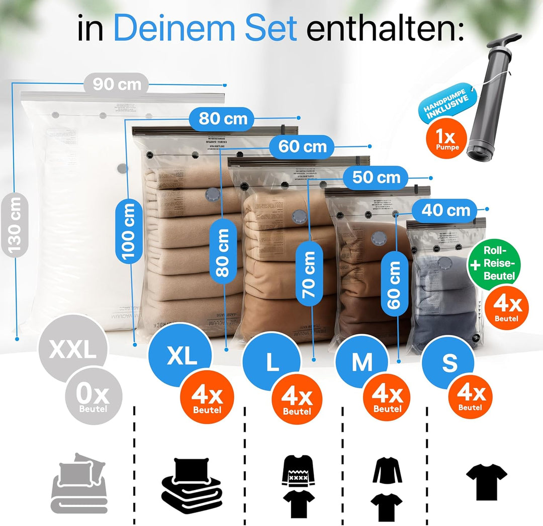 SilverRack XL Jumbo Vakuumbeutel für Kleidung, Reise u. Bettdecken [20 Stück] - INKL HANDPUMPE u. ET