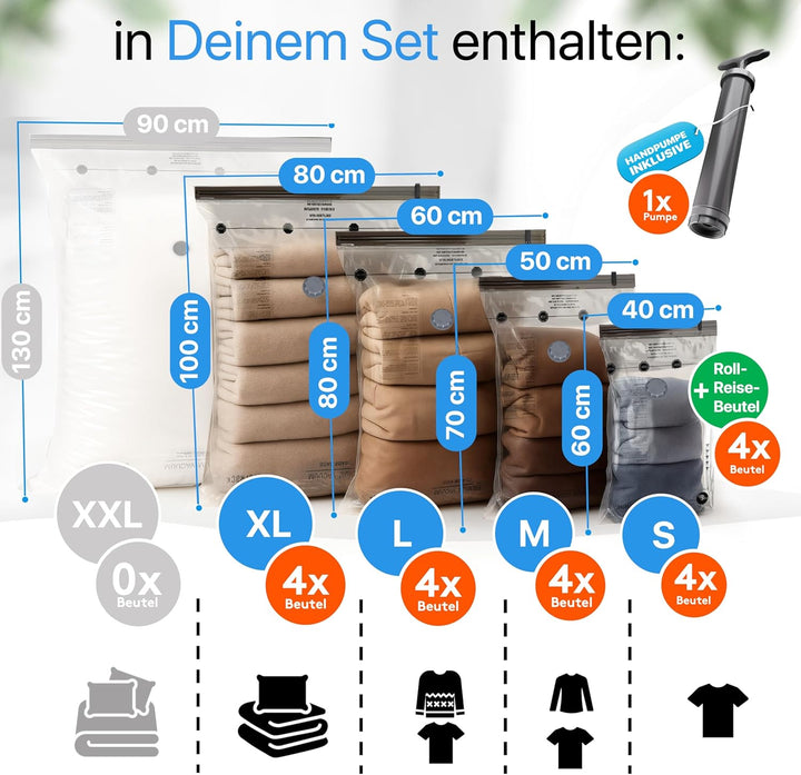 SilverRack XL Jumbo Vakuumbeutel für Kleidung, Reise u. Bettdecken [20 Stück] - INKL HANDPUMPE u. ET