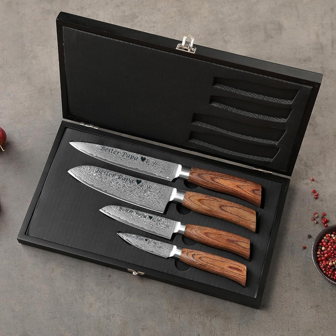 Wakoli EDIB Pro Damastmesser Set mit Gravur – Personalisiertes 4er Messerset, 17cm, 16cm, 11cm & 8cm