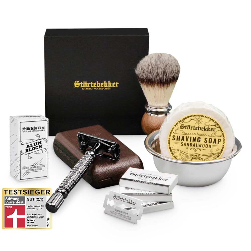 Störtebekker® Premium Rasierhobel Set für Herren im handgefertigten Lederetui - mit Rasierpinsel, Ra