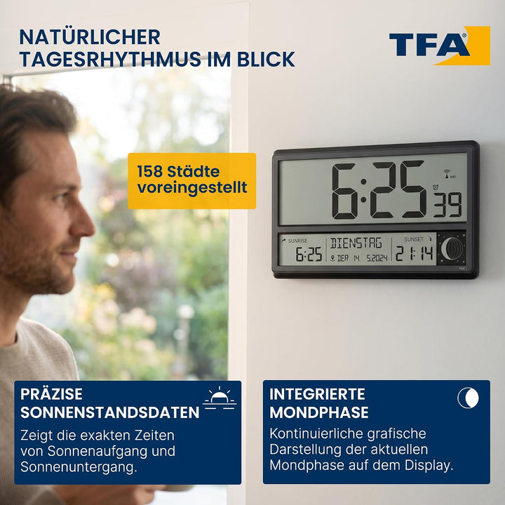 TFA Dostmann Digitale XL Funk Wanduhr, 60.4524.01, mit Sonnenauf- und -untergang, Weckalarm, grosse
