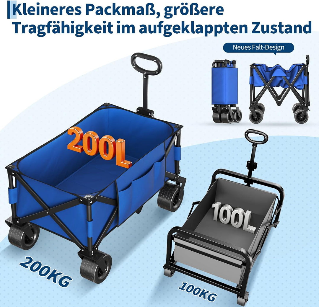 GarveeLife XXL Bollerwagen Faltbar, 200kg Belastbar &amp; 200L Volumen, Handwagen mit Bremsen &amp; 20cm Off