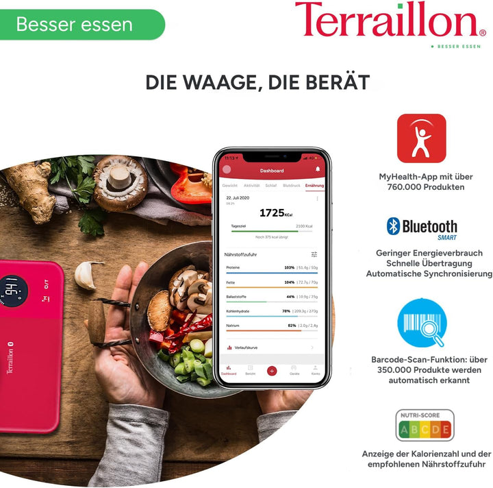 Terraillon Küchenwaage, Mit Smartphone/Tablet verbindbar, Berechnung der Energieaufnahme, Mit Tara-F