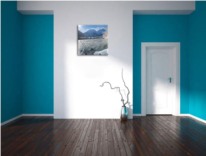 Winterlandschaft See, Format: 70x70 auf Leinwand, XXL riesige Bilder fertig gerahmt mit Keilrahmen,