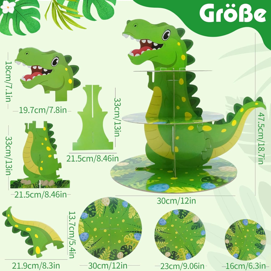 Dinosaurier-Cupcake-Ständer, Dreistöckiges Cartoon-Design, Ideal für Geburtstagsfeiern, Taufen und A