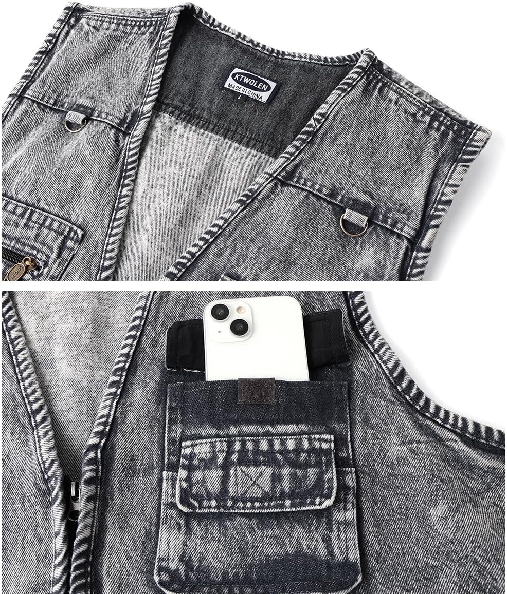KTWOLEN Herren Outdoor Weste Casual Denim Weste Multi-Taschened Motorradweste Outdoor Ärmellos Angel