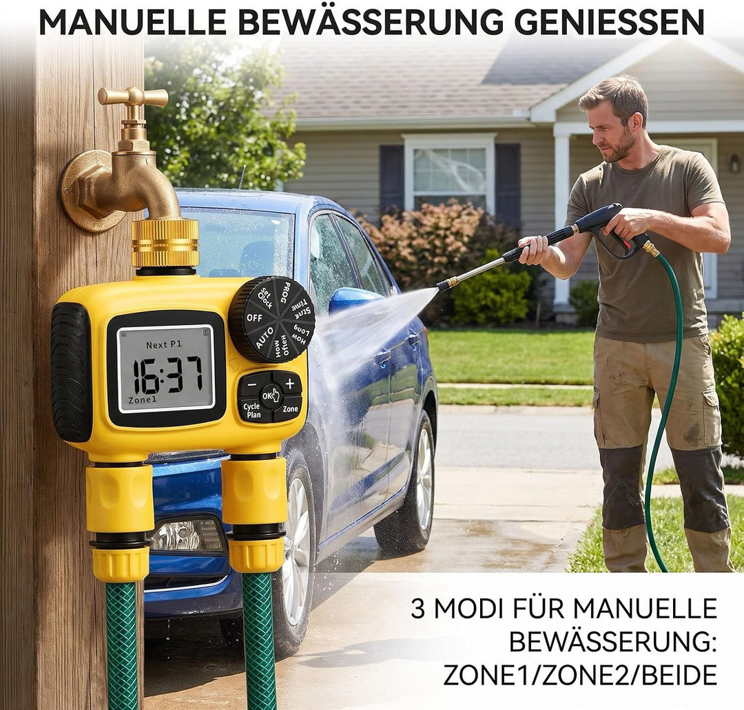 MQUPIN Bewässerungscomputer 2 Ausgänge, Messinganschlüsse | LCD Wasser Zeitschaltuhr IP55 mit Regenv