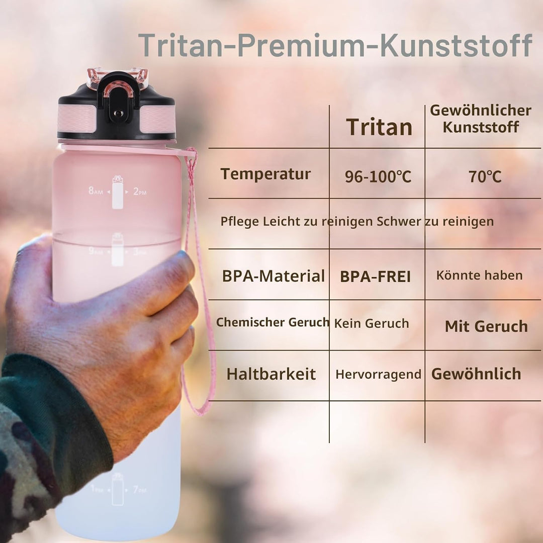 NAVTUE 1 Liter Sport-Wasserflasche mit Strohhalm und Zeitmarkierungen, auslaufsichere Tritan-Trinkfl